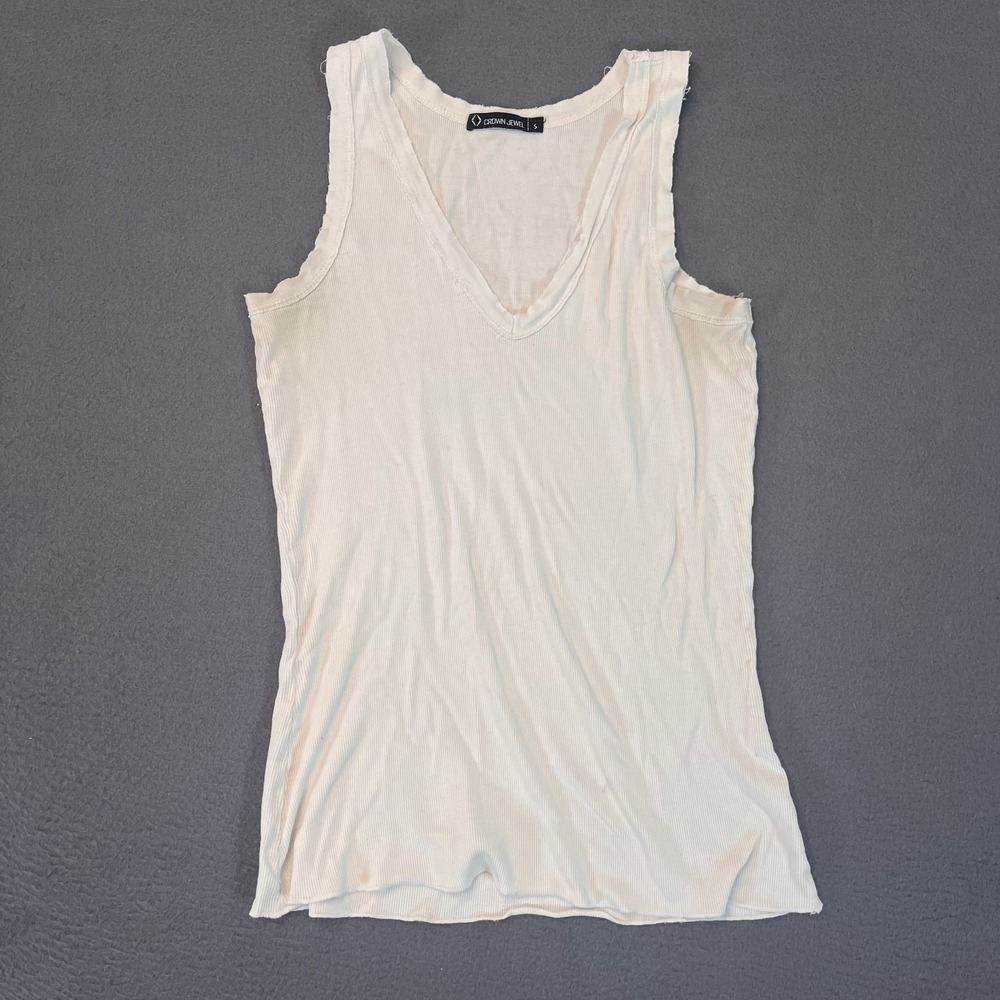 Crown Jewel Womens Sm Tank Top V Neck Casual White Rib Lightweight Knit Modal